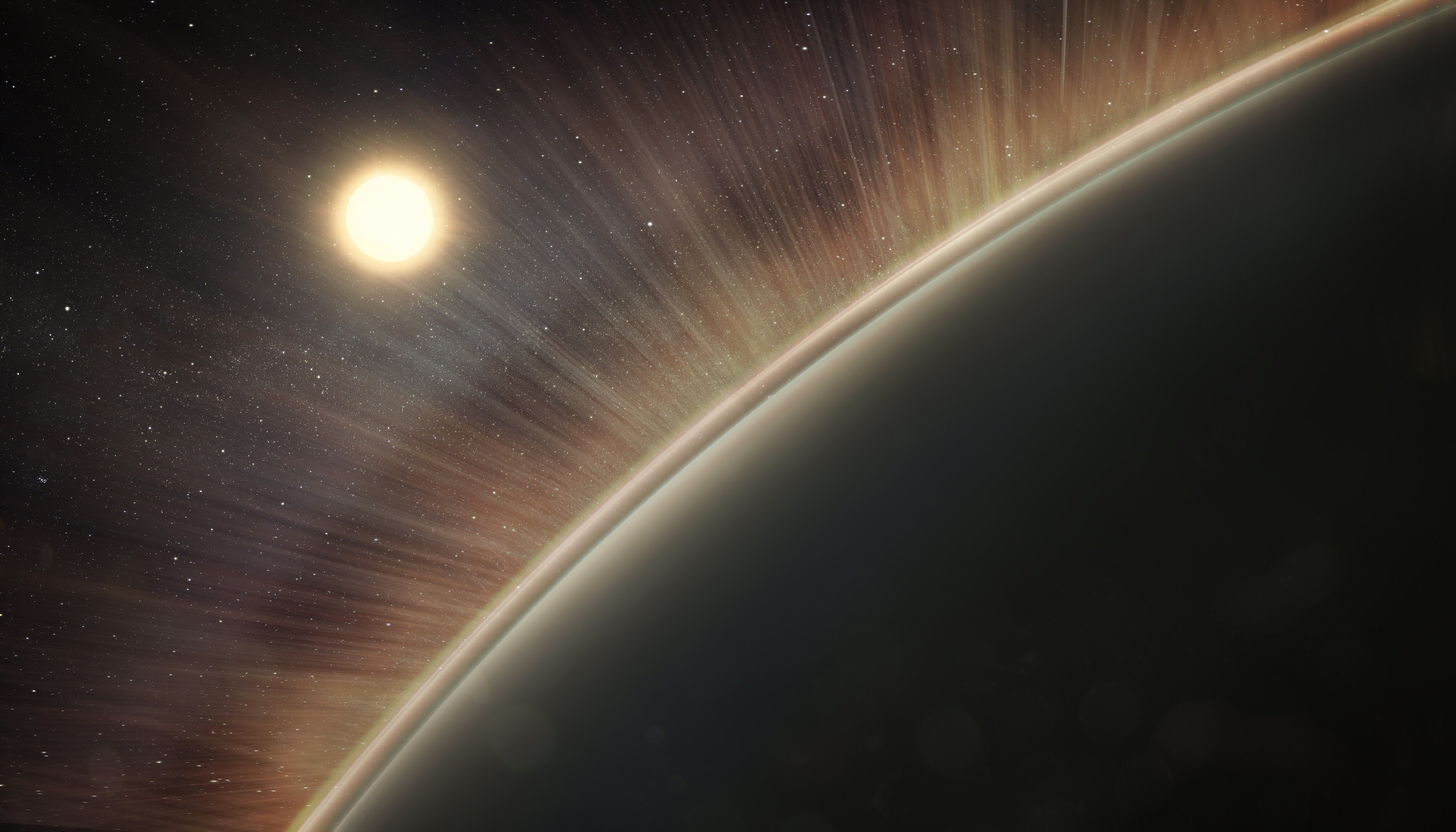 This is an artist's concept of the electric wind at Venus. Rays represent the paths that oxygen and hydrogen ions take as they are pulled out of the upper atmosphere. – Image Credits: NASA/Goddard/Conceptual Image Lab, Krystofer Kim