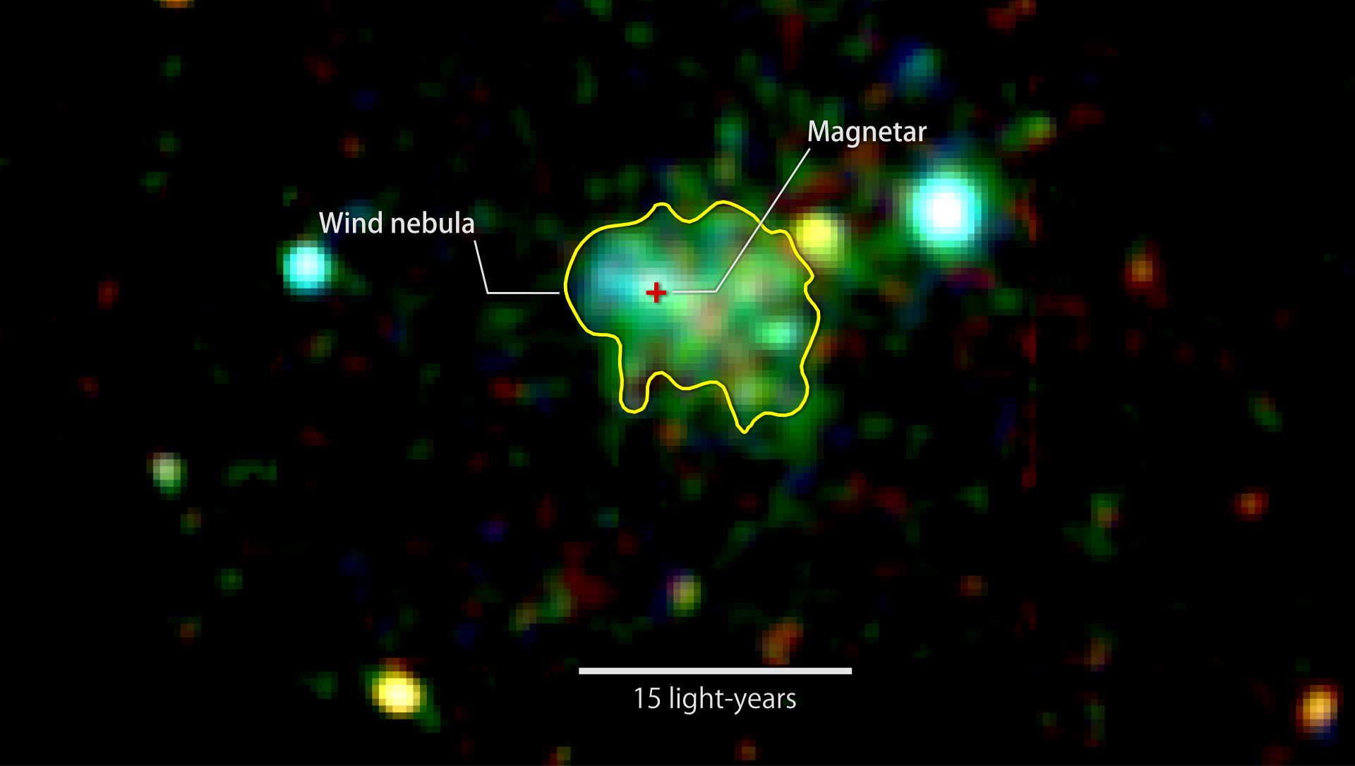 This X-ray image shows extended emission around a source known as Swift J1834.9-0846, a rare ultra-magnetic neutron star called a magnetar. The glow arises from a cloud of fast-moving particles produced by the neutron star and corralled around it. Color indicates X-ray energies, with 2,000-3,000 electron volts (eV) in red, 3,000-4,500 eV in green, and 5,000 to 10,000 eV in blue. The image combines observations by the European Space Agency's XMM-Newton spacecraft taken on March 16 and Oct. 16, 2014. - Image Credits: ESA/XMM-Newton/Younes et al. 2016