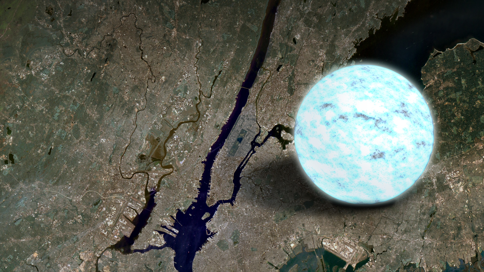 This illustration compares the size of a neutron star to Manhattan Island in New York, which is about 13 miles long. A neutron star is the crushed core left behind when a massive star explodes as a supernova and is the densest object astronomers can directly observe. - Image Credits: NASA's Goddard Space Flight Center