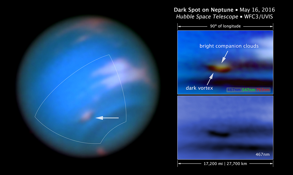 This new Hubble Space Telescope image confirms the presence of a dark vortex in the atmosphere of Neptune. The full visible-light image at left shows that the dark feature resides near and below a patch of bright clouds in the planet's southern hemisphere. The full-color image at top right is a close-up of the complex feature. The vortex is a high-pressure system. The image at bottom right shows that the vortex is best seen at blue wavelengths - Image Credits: NASA, ESA, and M.H. Wong and J. Tollefson (UC Berkeley)