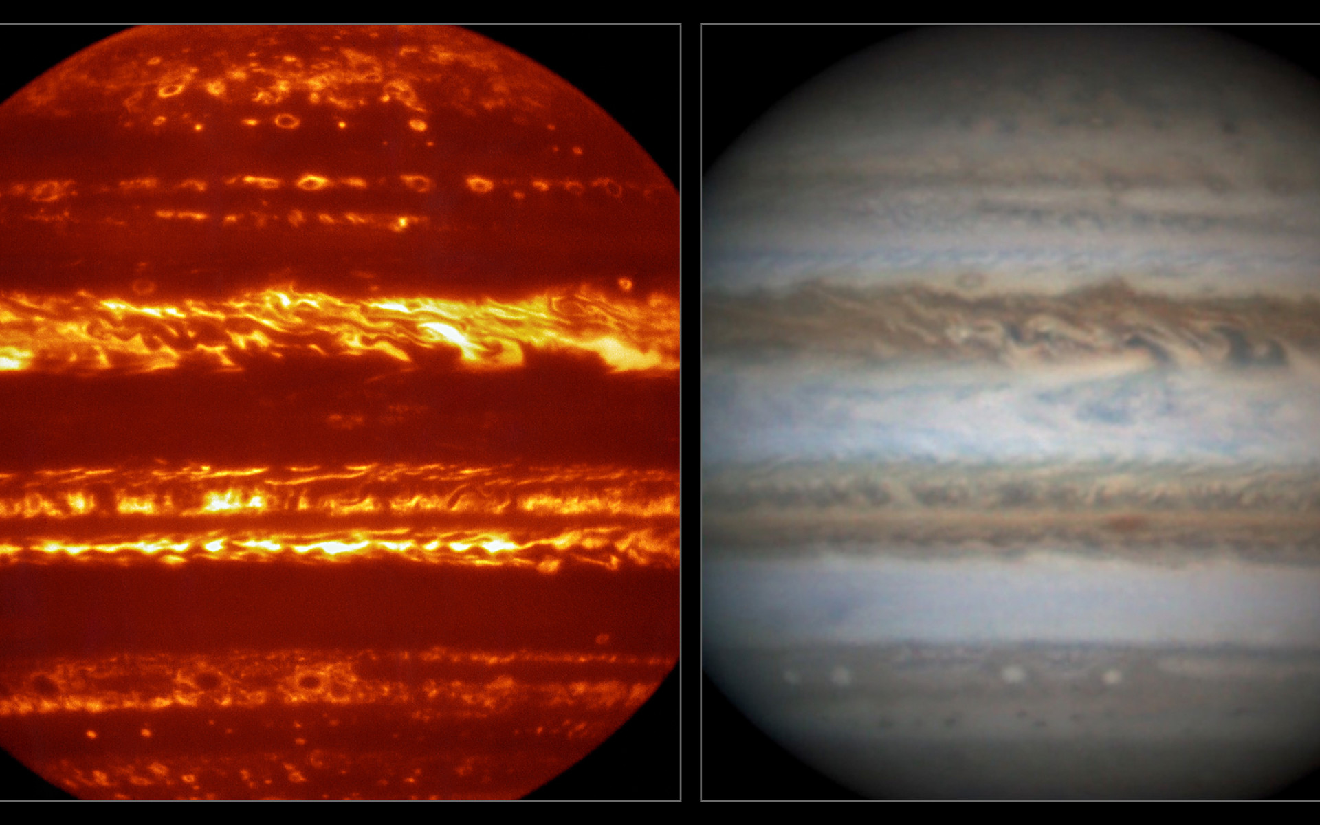 This view compares a lucky imaging view of Jupiter from VISIR (left) at infrared wavelengths with a very sharp amateur image in visible light from about the same time (right). - Image Credit: ESO/L.N. Fletcher/Damian Peach