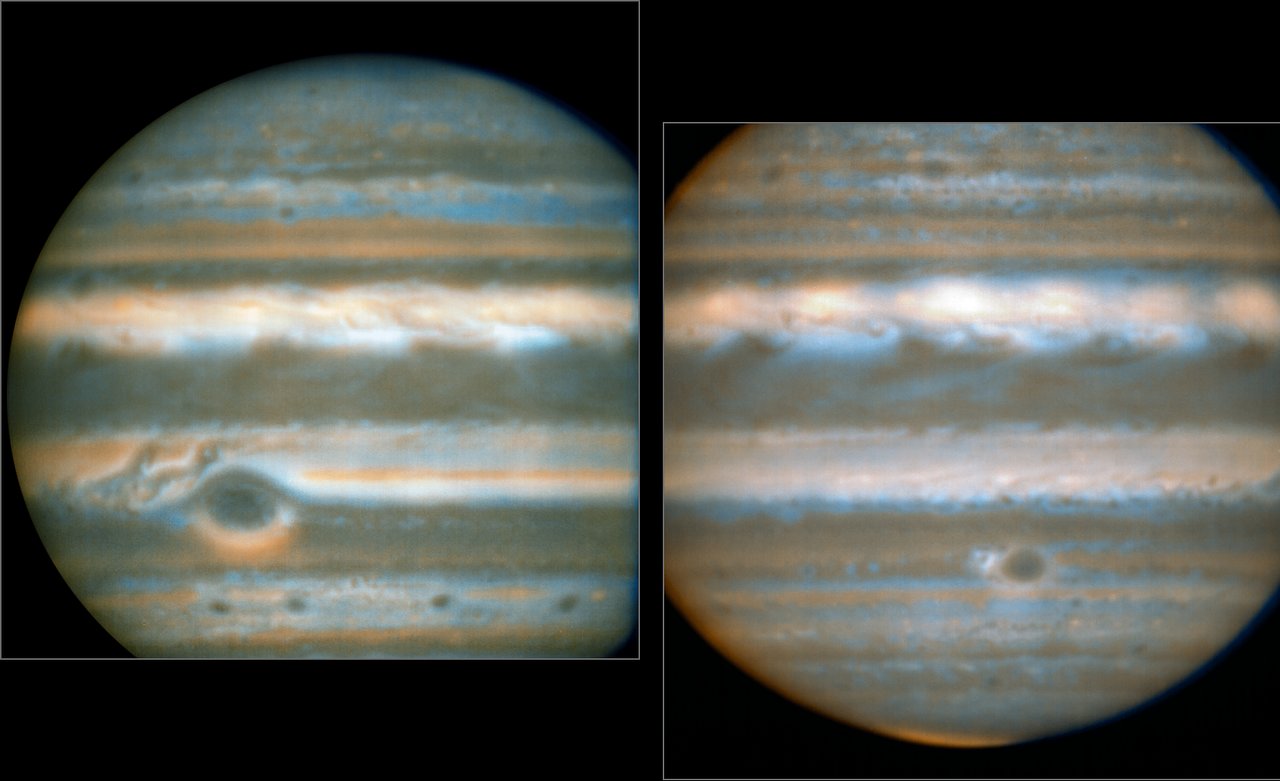 False colour images generated from VLT observations in February and March 2016, showing two different faces of Jupiter. The bluer areas are cold and cloud-free, the orangey areas are warm and cloudy, more colourless bright regions are warm and cloud-free, and dark regions are cold and cloudy (such as the Great Red Spot and the prominent ovals). The wave pattern over the North Equatorial Band shows up in orange. This view was created from VLT/VISIR infrared images from February 2016 (left) and March 2016 (right). The orange images were obtained at 10.7 micrometres wavelength and highlight the different temperatures and presence of ammonia. The blue images at 8.6 micrometres highlight variations in cloud opacity. - Image Credit: ESO/L.N. Fletcher