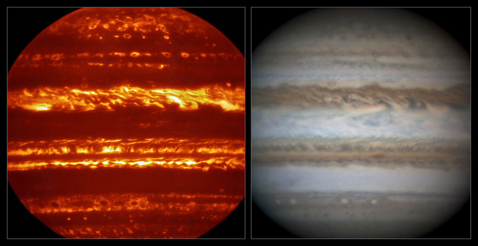 Ground-based observations of Jupiter to support Juno. The left hand image shows Jupiter’s infrared glow with dark clouds in silhouette against the bright background (Credit: ESO/L.N. Fletcher), the right hand image is an amateur observation acquired at nearly the same time (Credit: D. Peach). - Image Credit: ESO/L.N. Fletcher/D. Peach