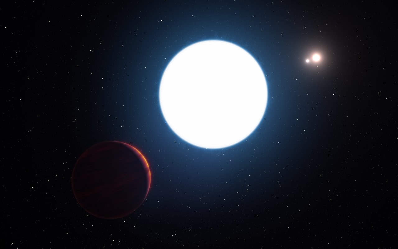 This artist's impression shows a view of the triple star system HD 131399 from close to the giant planet orbiting in the system. The planet is known as HD 131399Ab and appears at the lower-left of the picture. – Image Credit: ESO/L. Calçada