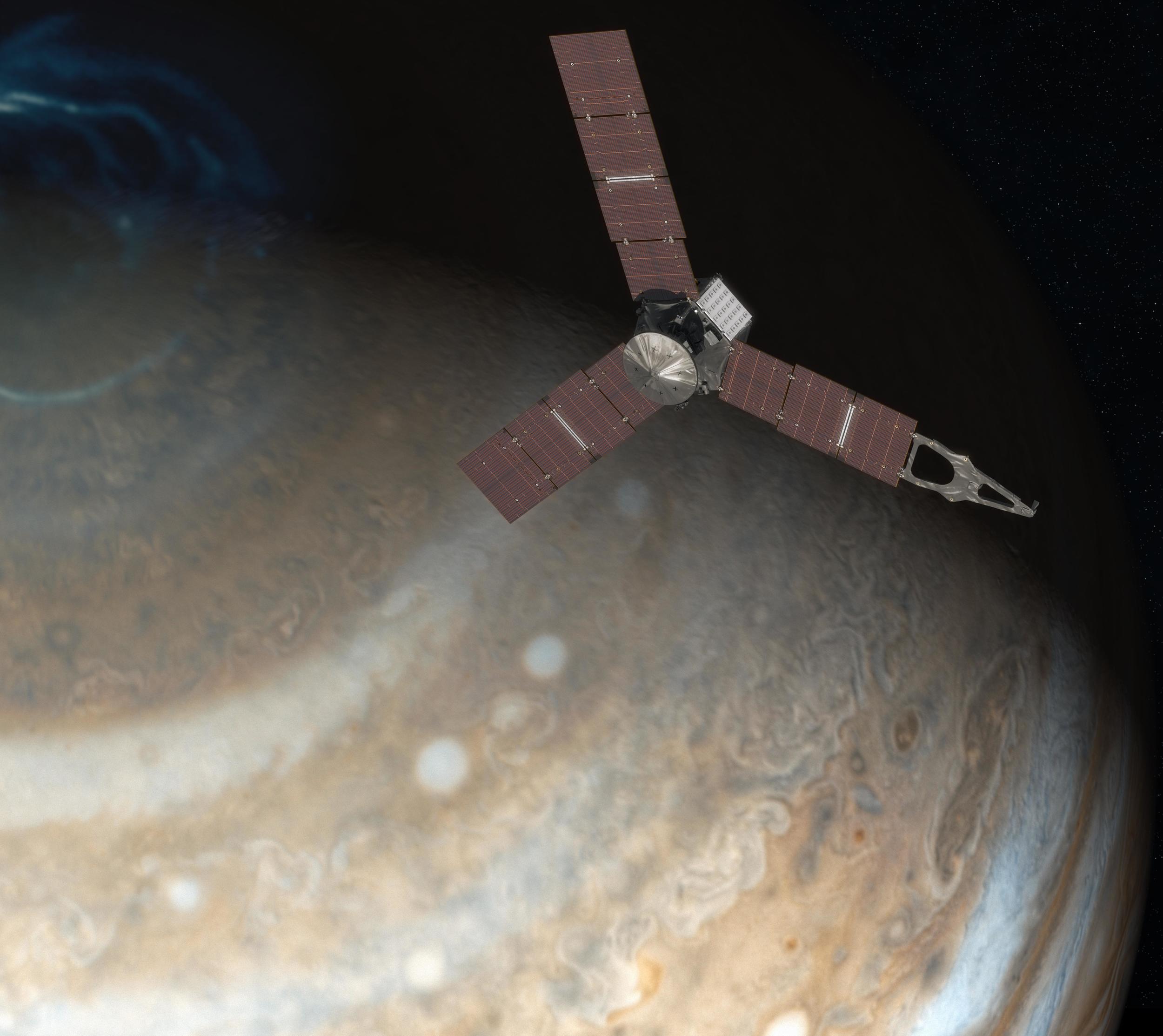 An artist’s impression of Juno above Jupiter’s pole. - Image Credit: NASA/JPL-Caltech