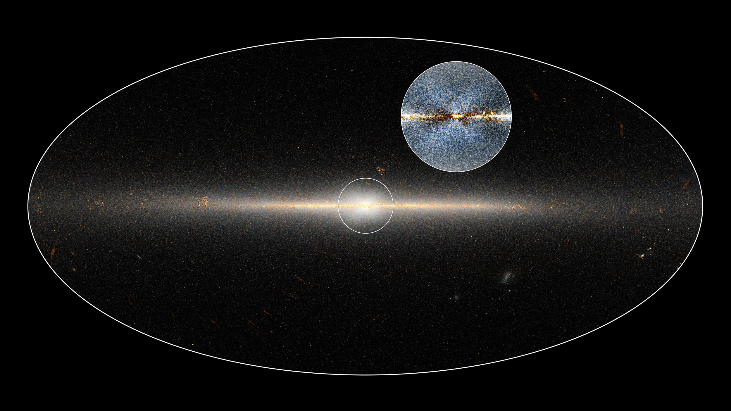 In 2010, NASA's Wide-field Infrared Survey Explorer (WISE) mission observed the entire sky twice. Astronomers used these data to point out the X-shaped structure in the bulge of the Milky Way, contained in the small circle at center, as well as the inset image. The circled central portion covers roughly the area of sky that would be blocked by a basketball when held out at arm’s length. – Image Credits: NASA/JPL-Caltech/D.Lang