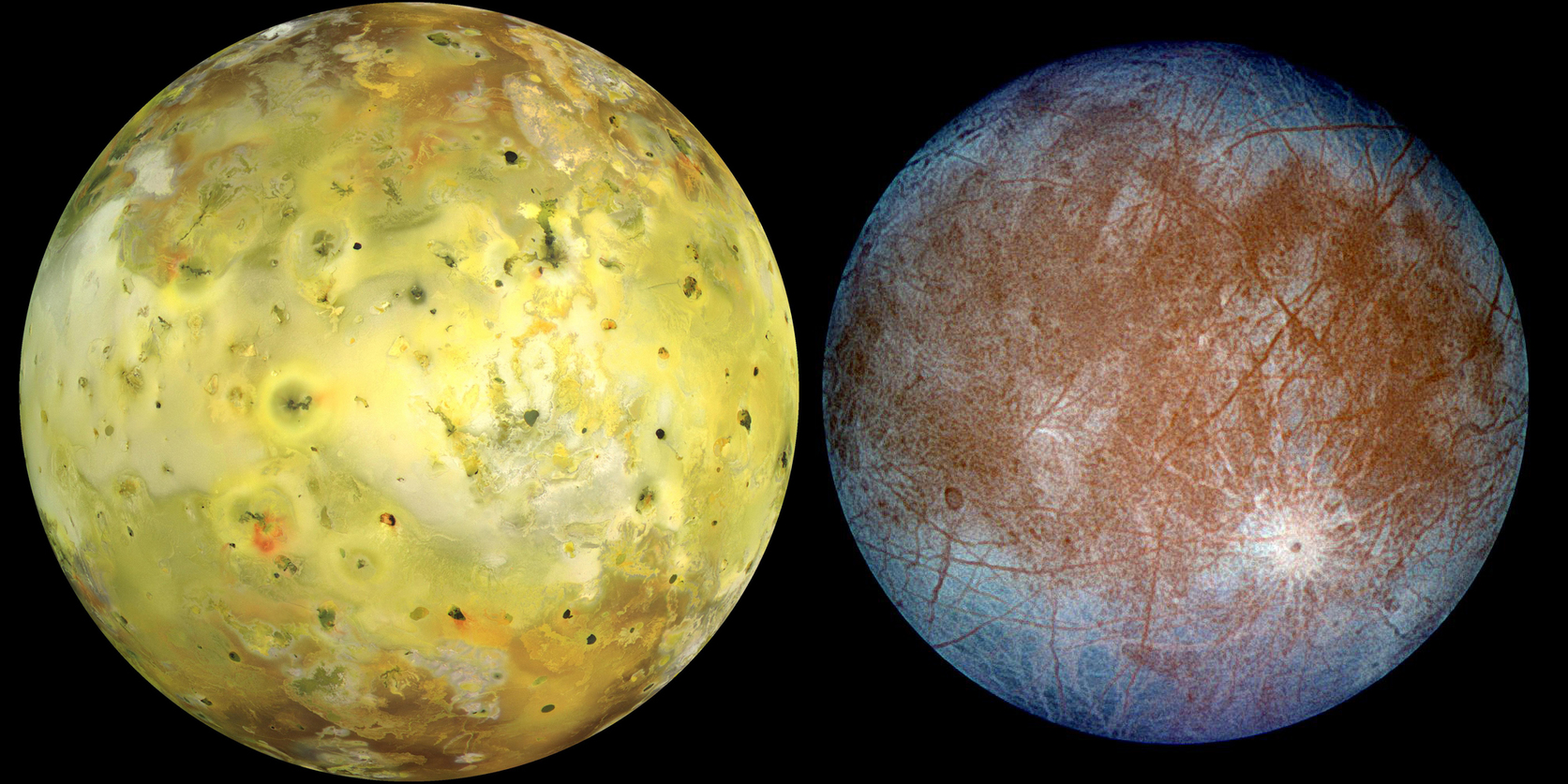 Left: Io in natural colour. Right: Europa, in exaggerated false colour to accentuate the difference between ‘clean’ ice (blue) and ‘dirty’ ice (red). – Image Credit: NASA/JPL/University of Arizona/DLR