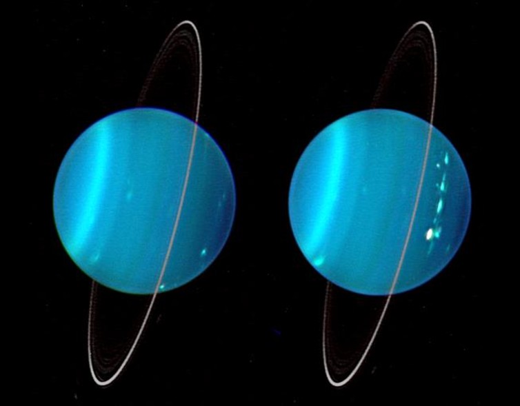 Two false-colour views of Uranus, the first using 3 wavelengths of near infrared light, the second in visible light. – Image Credit: Lawrence Sromovsky, University of Wisconsin-Madison/W.W. Keck Observatory