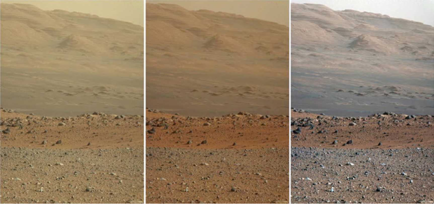 Three versions of the same view on the surface of Mars from NASA’s Curiosity rover. Left: unprocessed. Middle: adjusted to how human eyes would see it. Right: how it would look under Earth-like lighting conditions (note how the colour of the sky has changed) – Image Credit: NASA/JPL-Caltech/MSSS