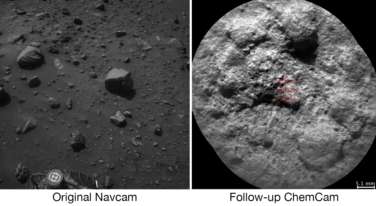 NASA's Curiosity Mars rover autonomously selects some targets for the laser and telescopic camera of its ChemCam instrument. For example, on-board software analyzed the Navcam image at left, chose the target indicated with a yellow dot, and pointed ChemCam for laser shots and the image at right. – Image Credits: NASA/JPL-Caltech/LANL/CNES/IRAP/LPGNantes/CNRS/IAS