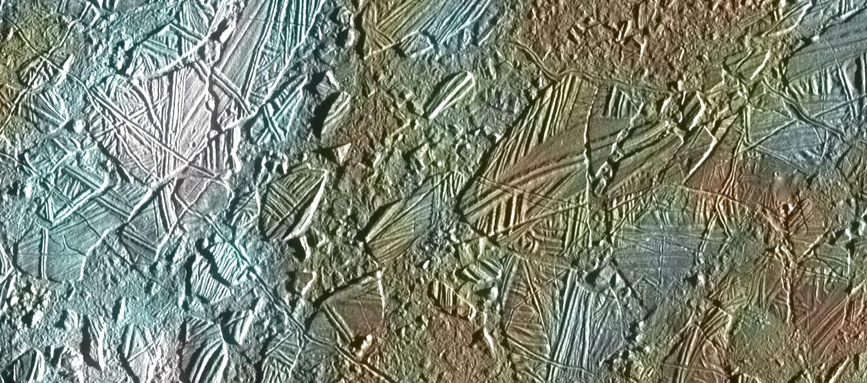 Europa’s ‘chaos terrain’, caused by repeated freezing and melting. – Image Credit: NASA