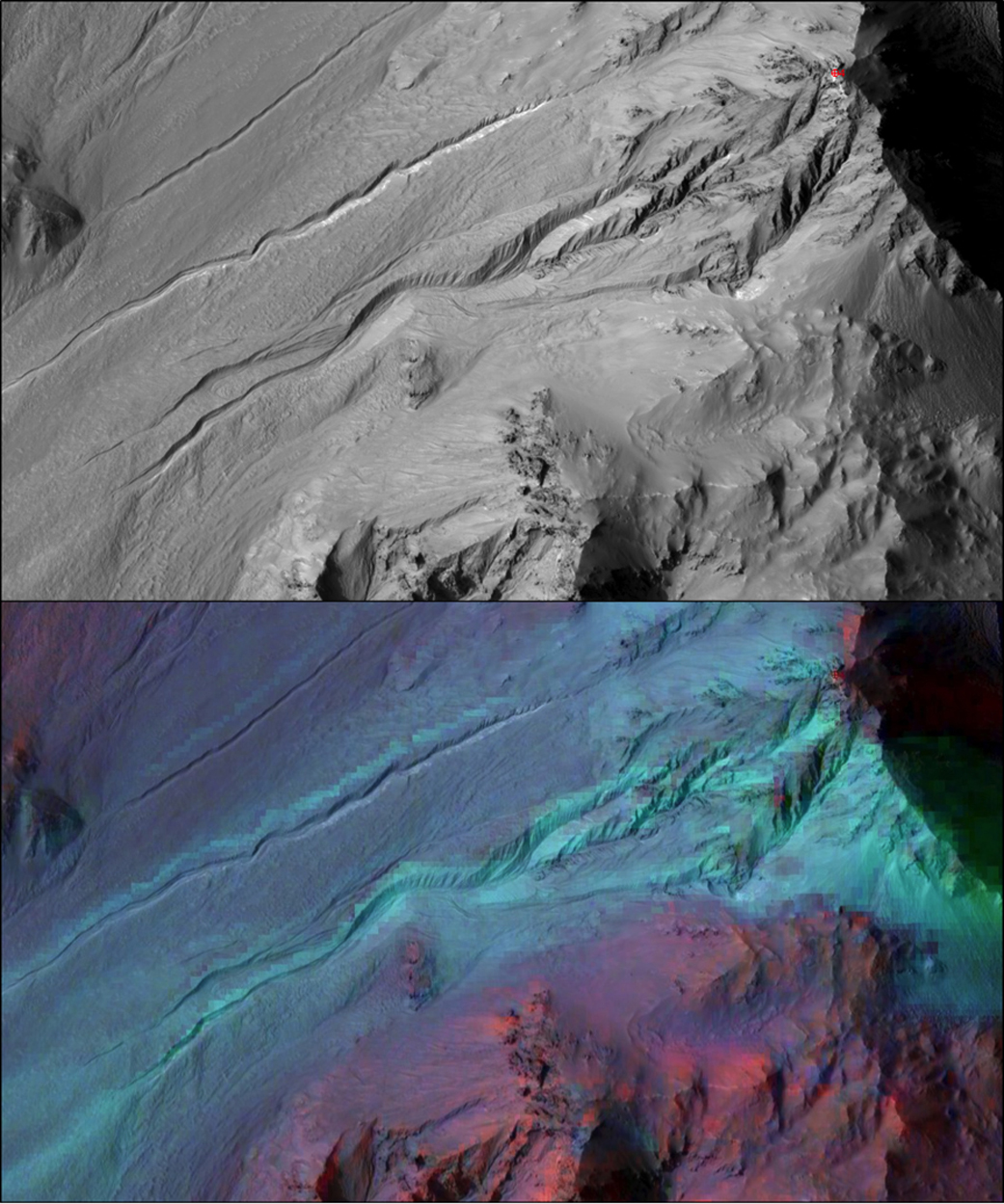 Martian gullies as seen in the top image from HiRISE on NASA's Mars Reconnaissance Orbiter resemble gullies on Earth that are carved by liquid water. However, when they are observed with the addition of mineralogical information from CRISM (bottom), no evidence for alteration by water appears. - Image Credit: NASA/JPL-Caltech/UA/JHUAPL