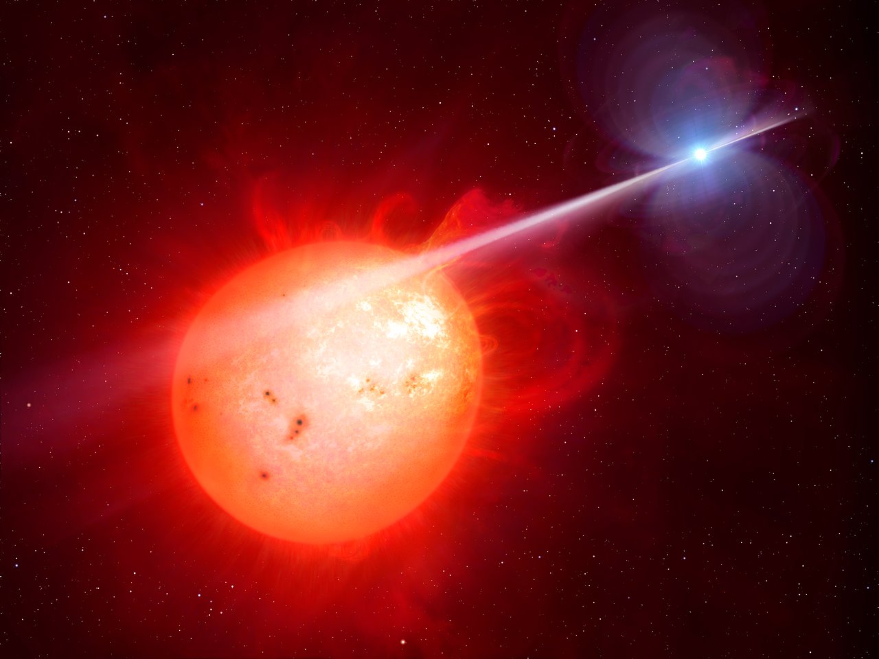 This artist’s impression shows the strange object AR Scorpii. In this unique double star a rapidly spinning white dwarf star (right) powers electrons up to almost the speed of light. These high energy particles release blasts of radiation that lash the companion red dwarf star (left) and cause the entire system to pulse dramatically every 1.97 minutes with radiation ranging from the ultraviolet to radio. – Image Credit : M. Garlick/University of Warwick/ESO