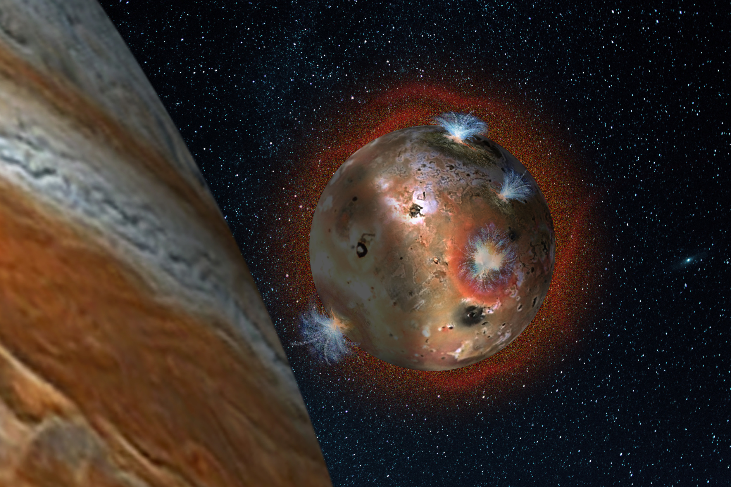 Artist’s concept of the atmospheric collapse of Jupiter’s volcanic moon Io, which is eclipsed by Jupiter for two hours of each day (1.7 Earth days). The resulting temperature drop freezes sulfur dioxide gas, causing the atmosphere to “deflate,” as seen in the shadowed area on the left. - Credits: SwRI/Andrew Blanchard