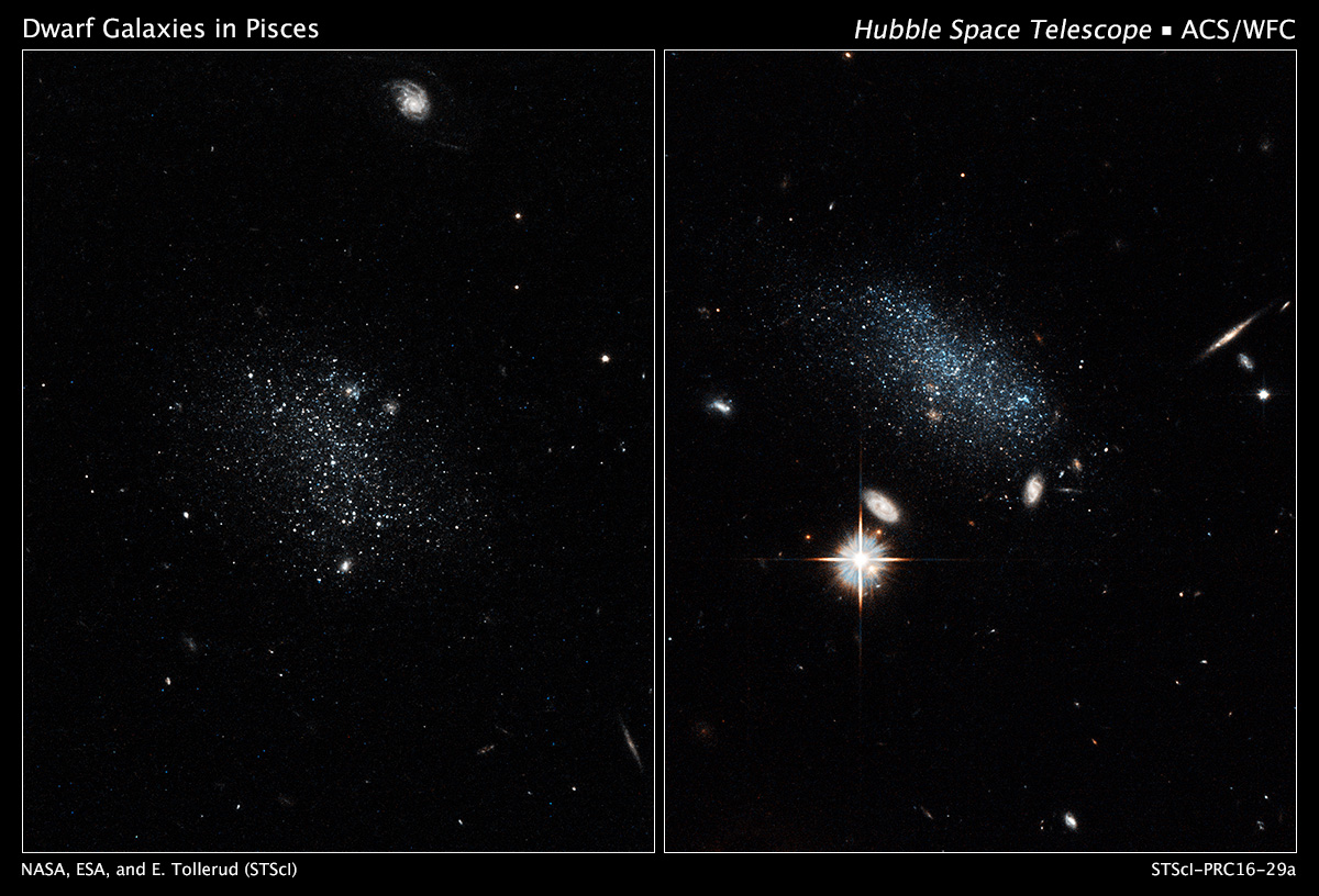 NASA's Hubble Space Telescope has captured the glow of new stars in these small, ancient galaxies, called Pisces A and Pisces B. The dwarf galaxies have lived in isolation for billions of years and are just now beginning to make stars. – Image Credits: NASA, ESA, and E. Tollerud (STScI)