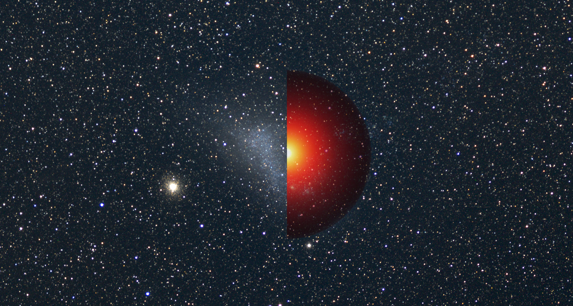The Small Magellanic Cloud (SMC), at center, is the second-largest satellite galaxy orbiting our own. This image superimposes a photograph of the SMC with one half of a model of its dark matter (right of center). Lighter colors indicate greater density and show a strong concentration toward the galaxy's center. Ninety-five percent of the dark matter is contained within a circle tracing the outer edge of the model shown. In six years of data, Fermi finds no indication of gamma rays from the SMC's dark matter. - Image Credits: Dark matter, R. Caputo et al. 2016; background, Axel Mellinger, Central Michigan University