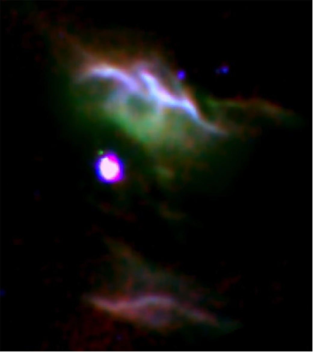 Combination of three color images of NGC 7023 from SOFIA (red & green) and Spitzer (blue) show different populations of PAH molecules. – Image Credits: NASA/DLR/SOFIA/B. Croiset, Leiden Observatory, and O. Berné, CNRS; NASA/JPL-Caltech/Spitzer.