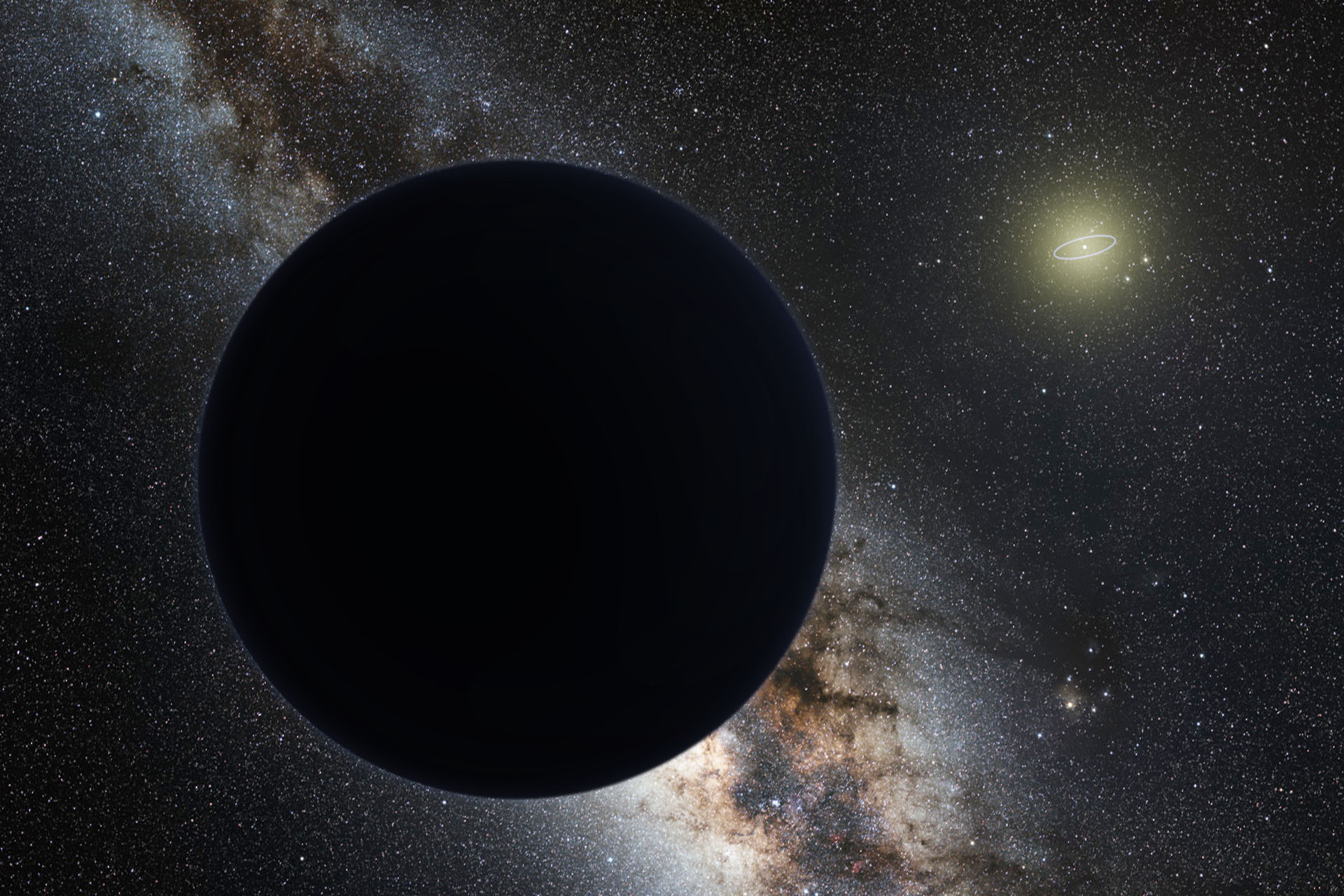 Artist’s impression of Planet Nine as an ice giant eclipsing the central Milky Way, with a star-like Sun in the distance. Neptune’s orbit is shown as a small ellipse around the Sun. - Image Credit: ESO/Tomruen/nagualdesign