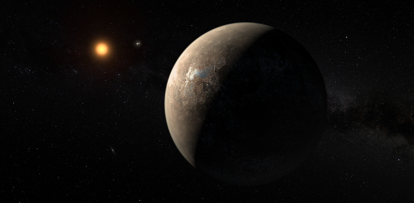 An artist’s impression shows the planet Proxima b orbiting the red dwarf star Proxima Centauri, the closest star to our solar system. - Image Credit: ESO/M. Kornmesser