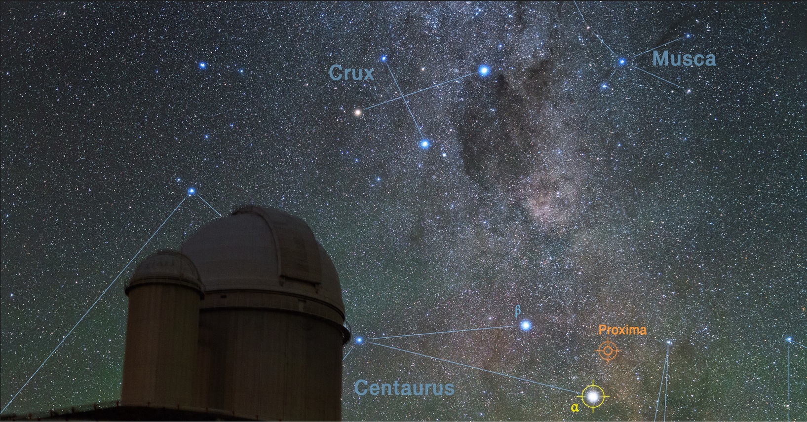 A view of the southern skies over the ESO 3.6-metre telescope, at the La Silla Observatory in Chile, showing positions of the stars Proxima Centauri and the double star Alpha Centauri. – Image Credit: Y. Beletsky (LCO)/ESO/ESA/NASA/M. Zamani