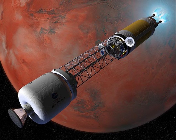 The Crew Transfer Vehicle (CTV) using its nuclear-thermal rocket engines to slow down and establish orbit around Mars. - Image Credit: NASA