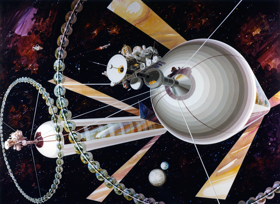 Artist’s depiction of a pair of O'Neill cylinders. – Image Credits: Rick Guidice NASA Ames Research Center