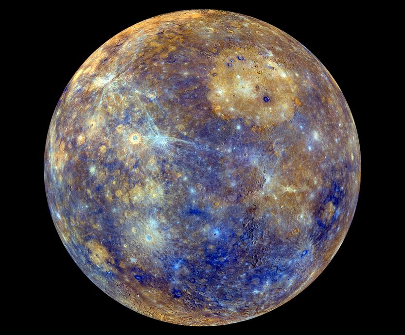The different colors in this MESSENGER image of Mercury indicate the planet’s chemical, mineralogical, and physical differences. – Image Credit: NASA/Johns Hopkins University Applied Physics Laboratory/Carnegie Institution of Washington.