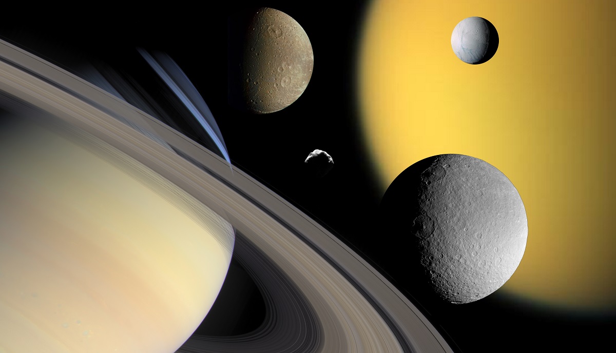 A collage of Saturn (bottom left) and some of its moons: Titan, Enceladus, Dione, Rhea and Helene. - Image Credit: NASA/JPL/Space Science Institute
