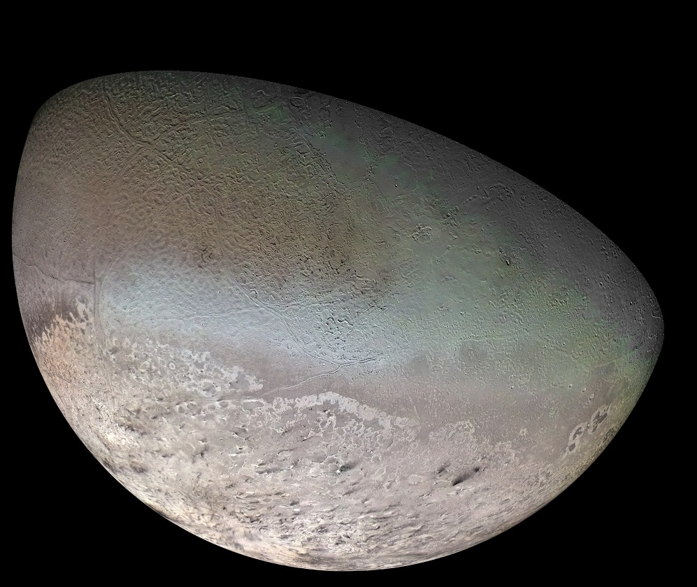 Global Color Mosaic of Triton, taken by Voyager 2 in 1989. - Image Credit: NASA/JPL/USGS