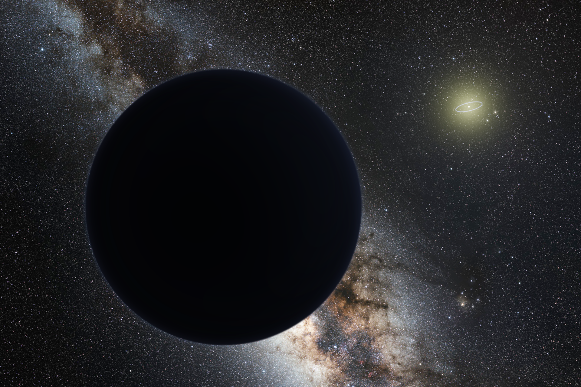 Artist's impression of Planet Nine as an ice giant eclipsing the central Milky Way, with the Sun in the distance – Image Credit: Tomruen/WikimediaCommons