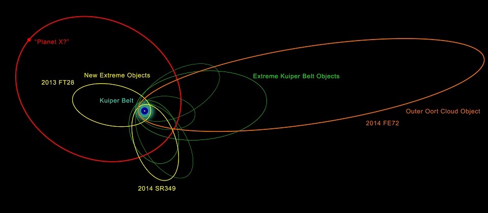 An illustration of the orbits of the new and previously known extremely distant Solar System objects – showing the clustering in orbits that indicates that possible presence of Planet X. - Image Credit: Robin Dienel/Carnegie Science