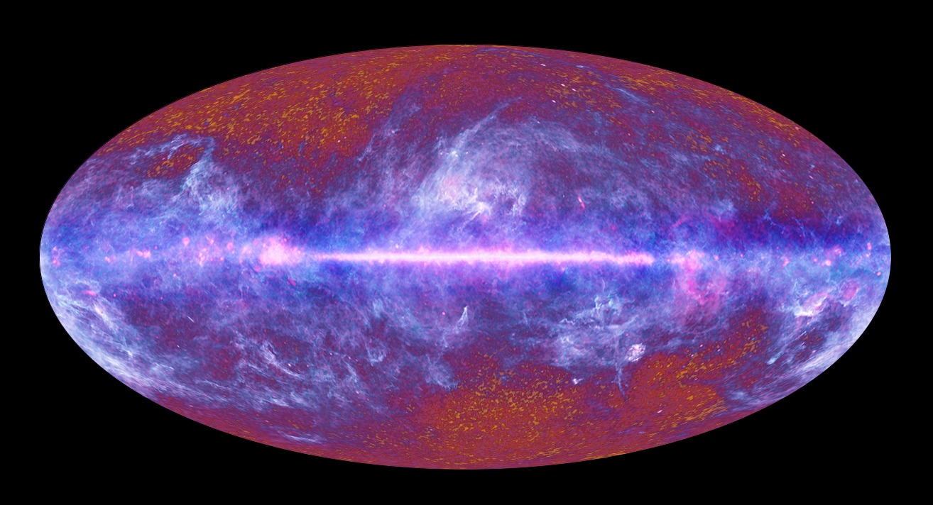 A “now and then” all-sky image captured by the Planck spacecraft, simultaneously showing our galaxy and its structures seen as in recent history; and ‘then’ – the red afterglow of the Big Bang seen as it was just 380,000 years later. – Image Credit: ESA