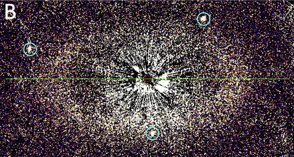 An image of the circum-stellar disk around HD 207129. The three circled objects are background objects and are not part of the disk. Image Credit: Hubble Space Telescope, Glenn Schneider et al 2016.