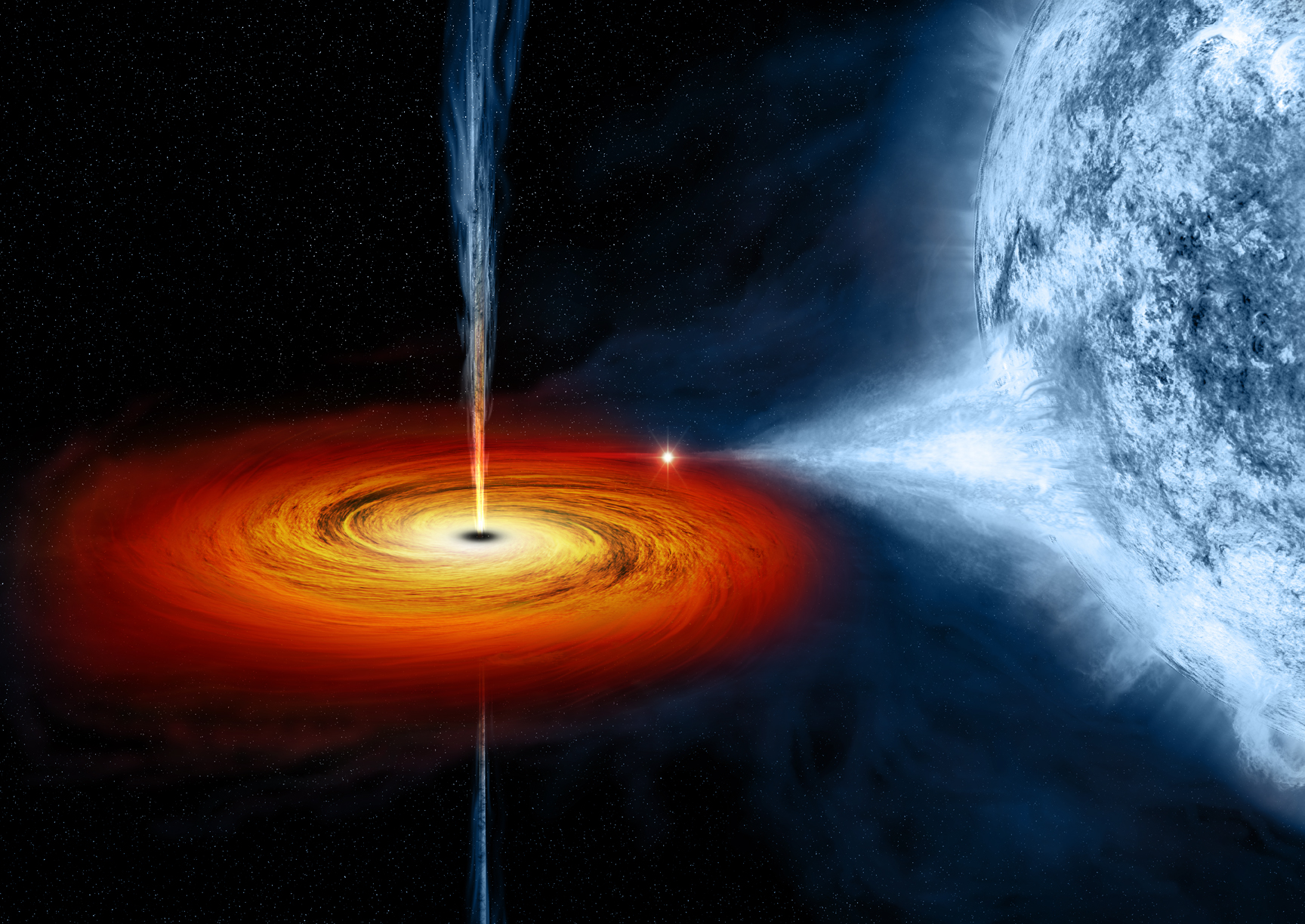Artist's drawing a black hole (Cygnus X-1) as it pulls matter from a blue star beside it. - Image Credits: NASA/CXC/M.Weiss