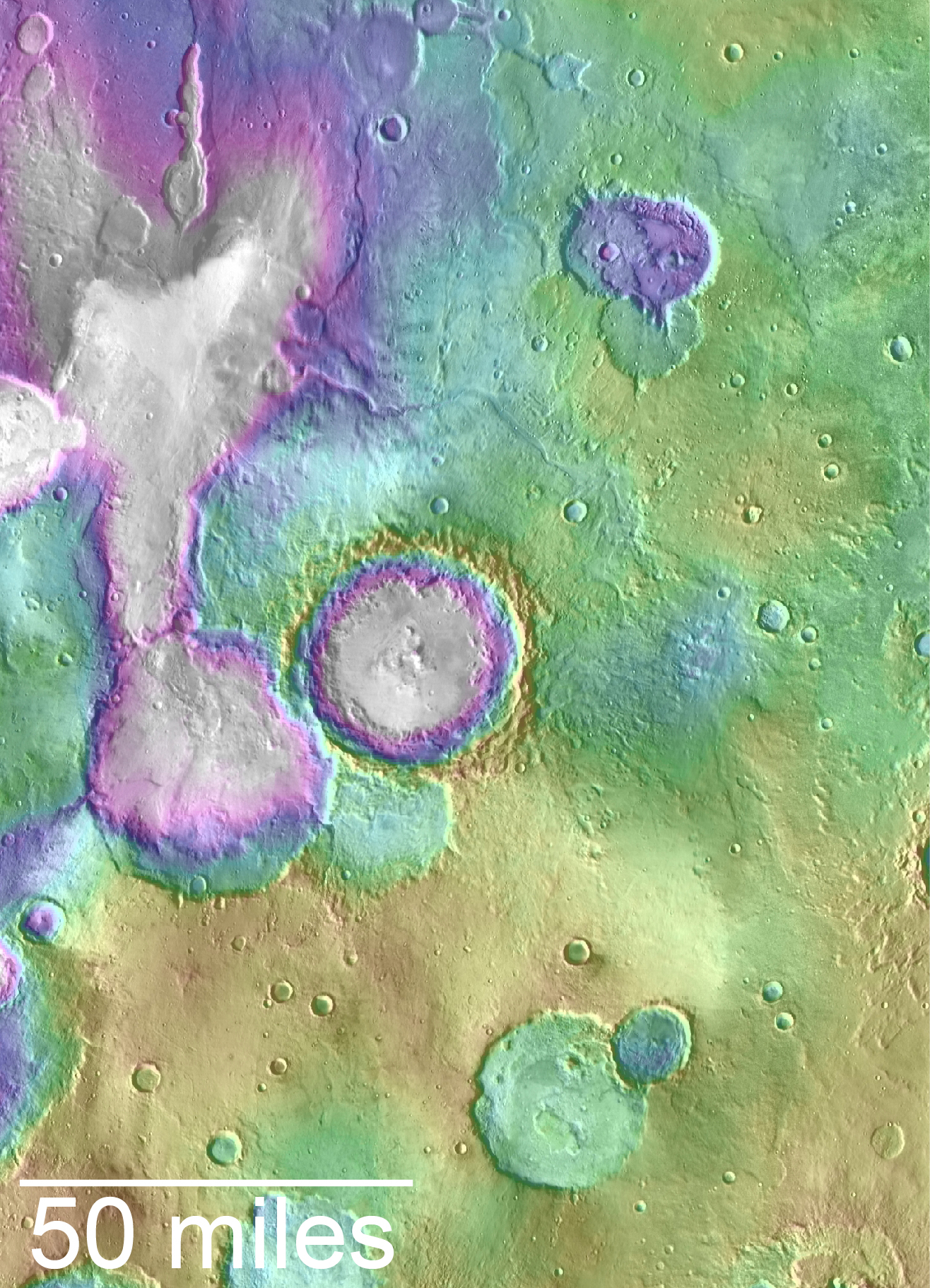 Valleys much younger than well-known ancient valley networks on Mars are evident near the informally named "Heart Lake" on Mars. This map presents color-coded topographical information overlaid onto a photo mosaic. Lower elevations are indicated with white and purple; higher elevations, yellow. - Image Credits: NASA/JPL-Caltech/ASU