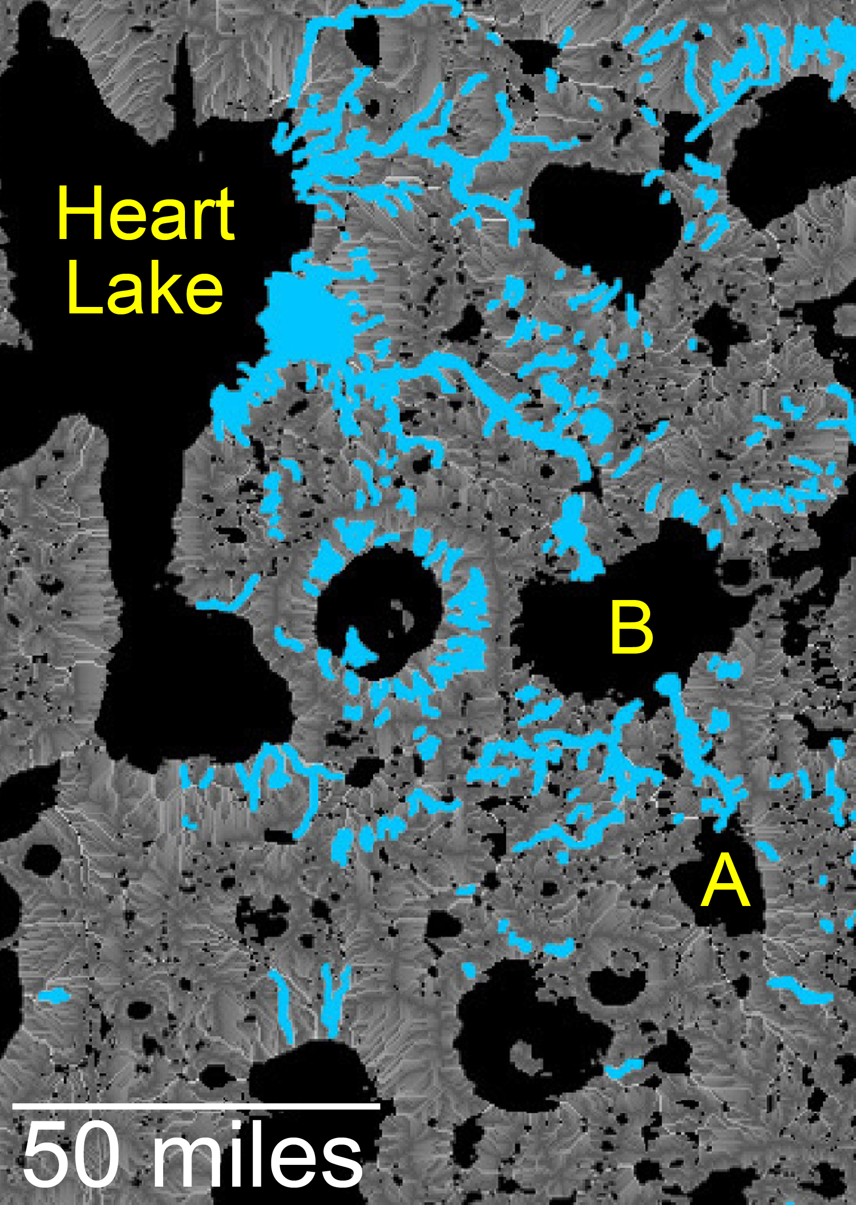 This map of an area within the Arabia Terra region on Mars shows where hydrologic modeling predicts locations of depressions that would have been lakes (black), overlaid with a map of the preserved valleys (blue lines, with width exaggerated for recognition) that would have been streams. - Image Credits: NASA/JPL-Caltech/Smithsonian
