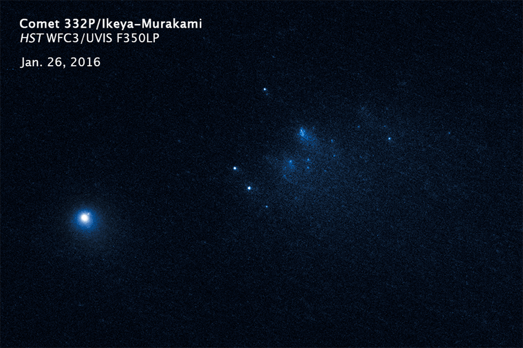 This animation, made from a sequence of Hubble Space Telescope images, shows the slow migration of building-size fragments of Comet 332P/Ikeya-Murakami over a three-day period in January 2016. The pieces broke off of the main nucleus in late 2015 as the icy, ancient comet approached the sun in its orbit. - Image Credits: NASA, ESA, D. Jewitt (UCLA)