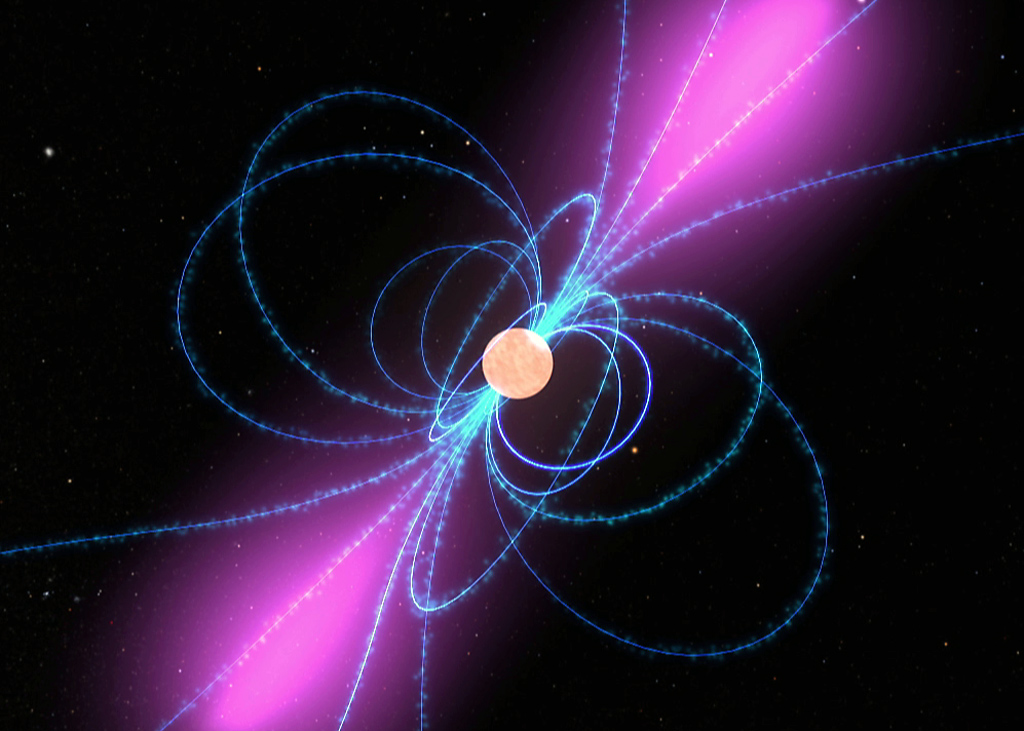 A pulsar with its magnetic field lines illustrated. The beams emitting from the poles are what washes over our detectors as the dead star spins. - Image Credit: NASA