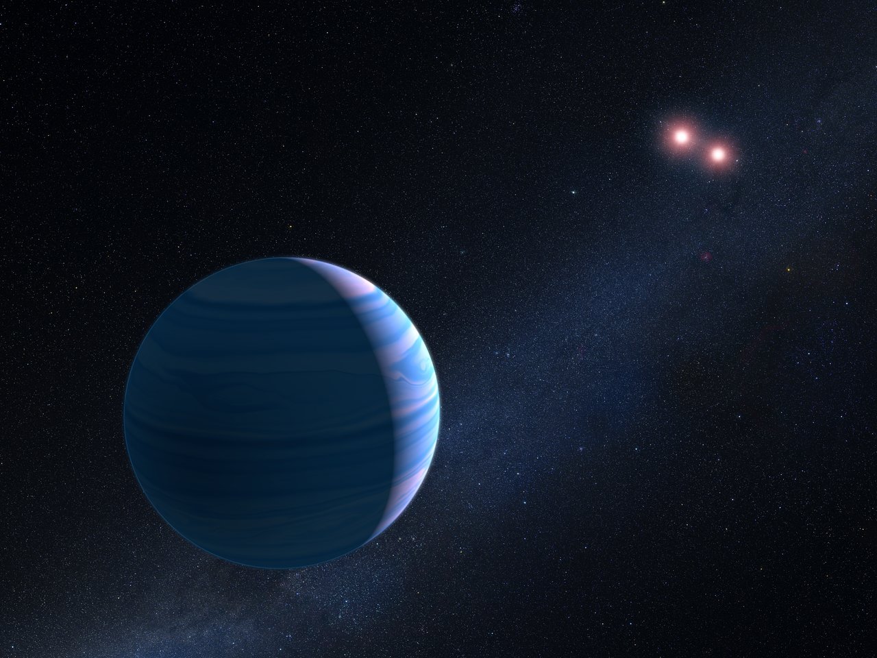 This artist’s impression shows a gas giant planet circling the two red dwarf stars in the system OGLE-2007-BLG-349, located 8 000 light-years away. The planet — with a mass similar to Saturn — orbits the two stars at a distance of roughly 480 million kilometres. The two red dwarf stars are a mere 11 million kilometres apart. - Image Credit: NASA, ESA, and G.Bacon (STScl)