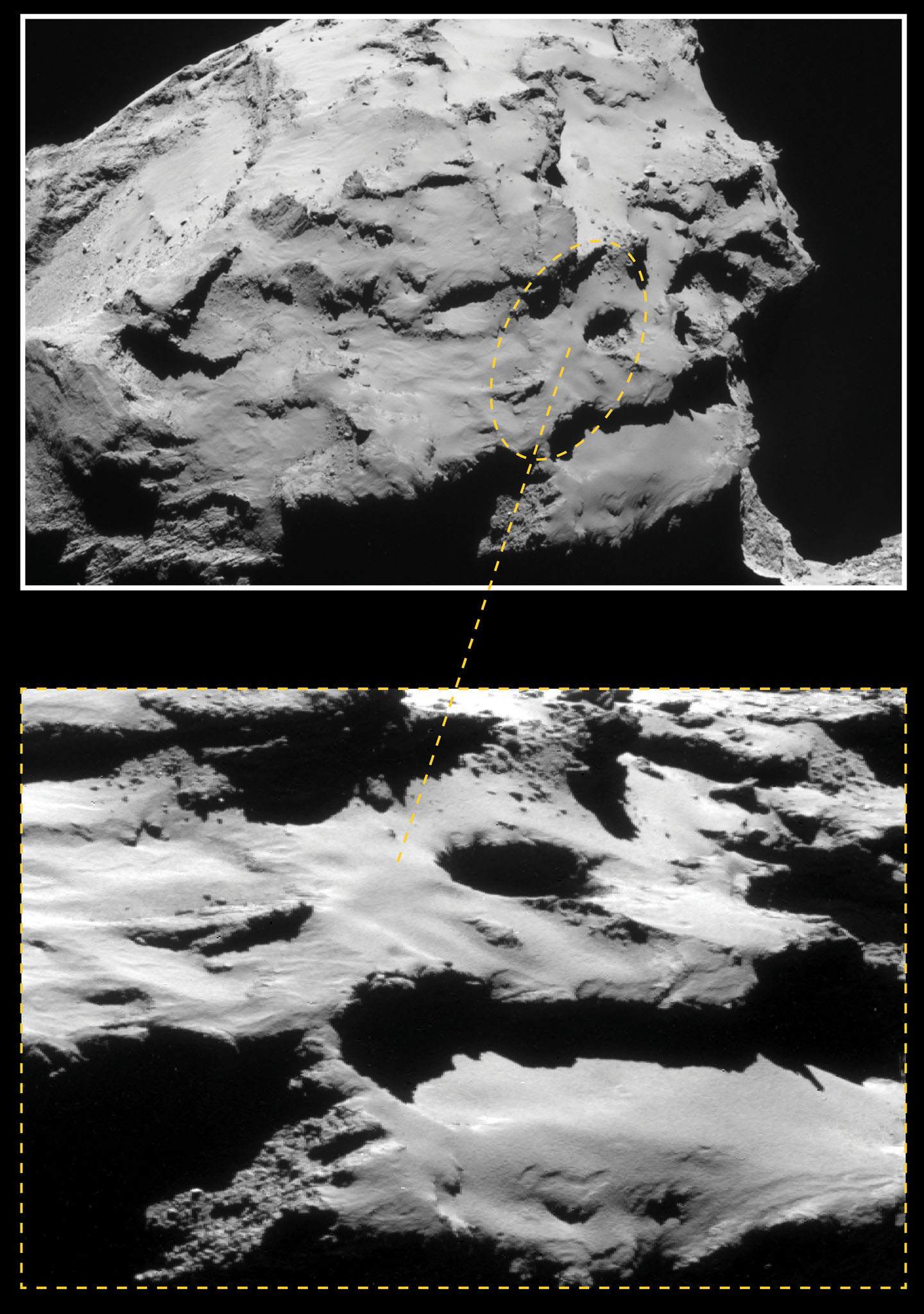 Rosetta is targeted to land at the site within this planned impact ellipse in the Ma’at region on the comet’s smaller lobe. See below for a closer view. - Credit: ESA/Rosetta/NAVCAM – CC BY-SA IGO 3.0