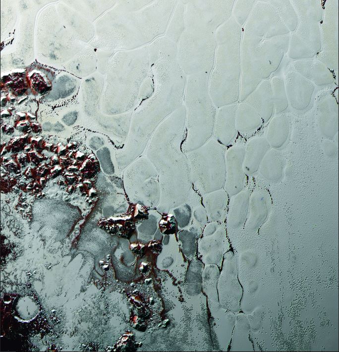 Like a cosmic lava lamp, a large section of Pluto’s icy surface in Sputnik Planum is being constantly renewed by a process called convection that replaces older surface ices with fresher material. - Image Credit: NASA/Johns Hopkins University Applied Physics Laboratory/Southwest Research Institute.
