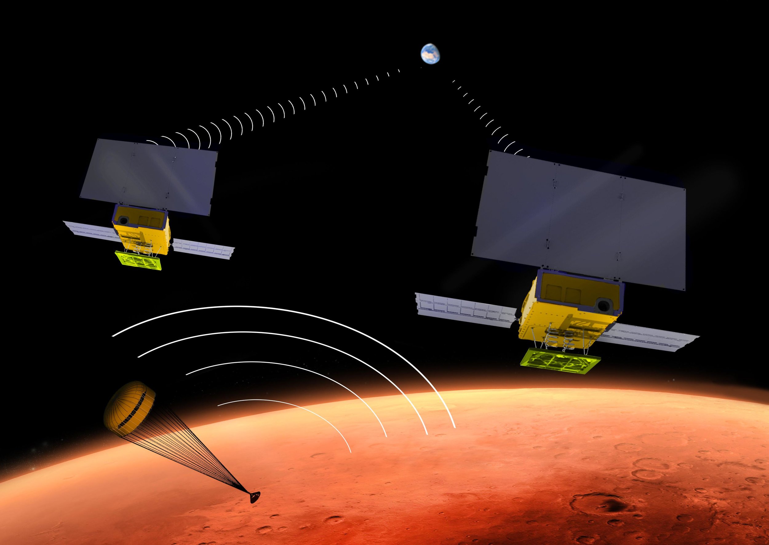 An artist’s rendering of MarCO A and B during the descent of InSight. – Image Credit: NASA/JPL-Caltech