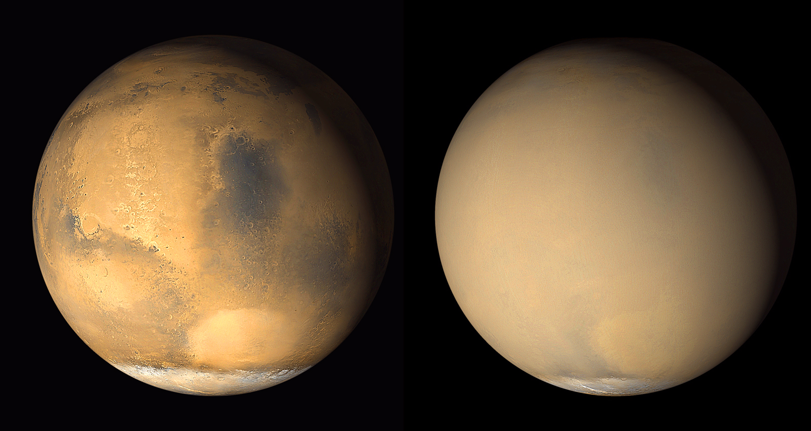 Two 2001 images from the Mars Orbiter Camera on NASA's Mars Global Surveyor orbiter show a dramatic change in the planet's appearance when haze raised by dust-storm activity in the south became globally distributed. The images were taken about a month apart. - Image Credits: NASA/JPL-Caltech/MSSS