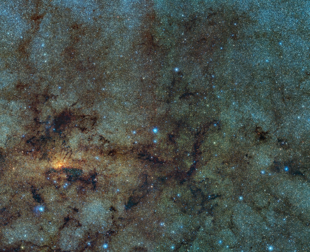This image, captured with the VISTA infrared survey telescope , as part of the Variables in the Via Lactea (VVV) ESO public survey, shows the central part of the Milky Way. While normally hidden behind obscuring dust, the infrared capabilities of VISTA allow to study the stars close to the galactic centre – Image Credit: ESO/VVV Survey/D. Minniti