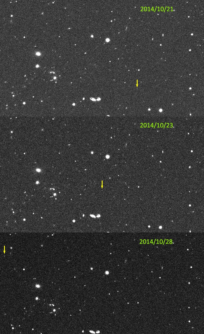 Images of 2014 UZ224, shown on three slides obtained by the DECam. - Image Credit: David Gerdes/DES/University of Michigan
