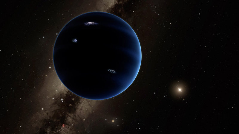 Artistic rendering shows the distant view from theoretical Planet Nine back towards the sun. The planet is thought to be gaseous, similar to Uranus and Neptune. Hypothetical lightning lights up the night side. Credit: Caltech/R. Hurt (IPAC)