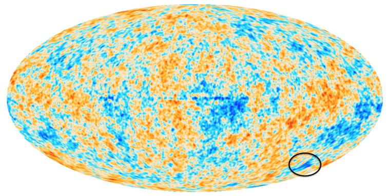 A map of the CMB temperature fluctuations over the whole sky. The unusual cold spot region is circled at the lower right.
