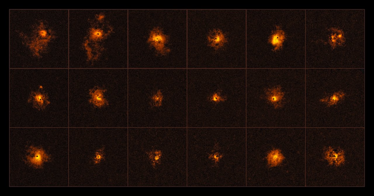 This mosaic shows 18 of the 19 quasars observed by an international team of astronomers, led by the ETH Zurich, Switzerland. Each observed quasar is surrounded by a bright gaseous halo. It is the first time that a survey of quasars shows such bright halos around all of the observed quasars. - The discovery was made using the MUSE instrument at ESO’s Very Large Telescope. – Image Credit: ESO/Borisova et al.