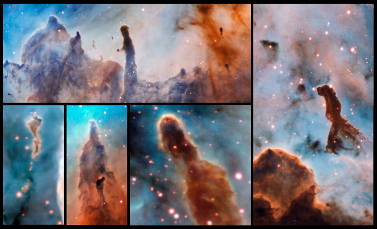 These composite image shows several pillars within the Carina Nebula which were observed and studied with the MUSE instrument, mounted on ESO’s Very Large Telescope. The massive stars within the star formation region slowly destroy the pillars of dust and gas from which they are born. – Image Credit: ESO/A. McLeod