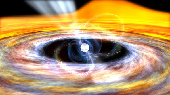 An artist’s impression of an accreting X-ray millisecond pulsar. The flowing material from the companion star forms a disk around the neutron star which is truncated at the edge of the pulsar magnetosphere. - Image Credit: NASA/Goddard/Dana Berry